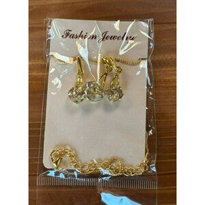 Gold Tone Necklace & Earrings Set With Clear Crystal Drops